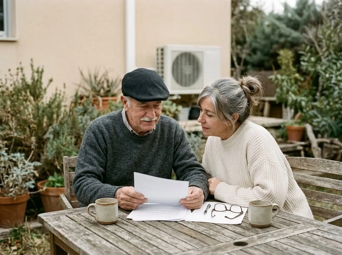 Pareja revisando papeles en la mesa del jardín, con la unidad exterior de aerotermia al fondo