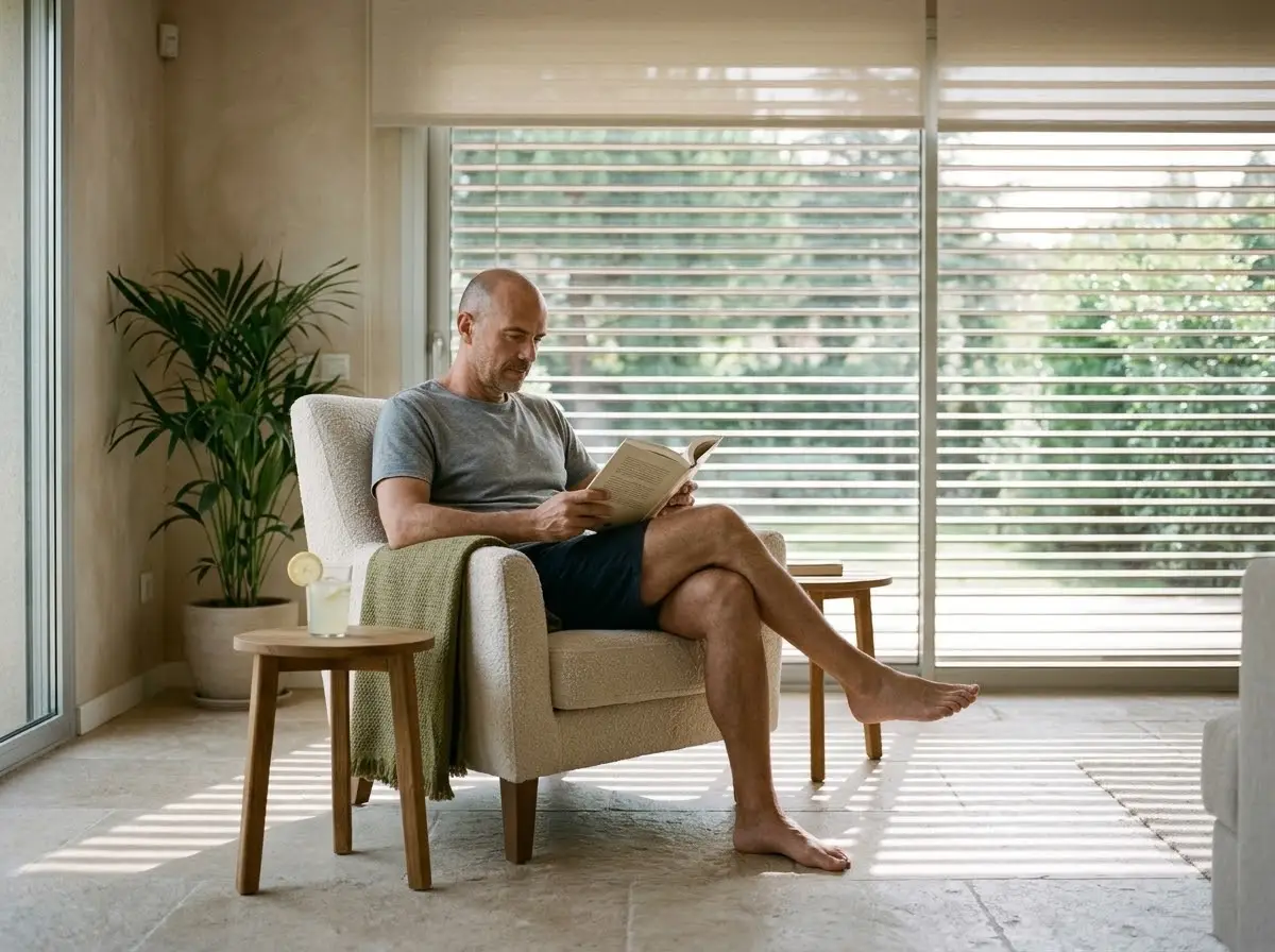 Hombre descalzo leyendo en el salón fresco de su casa en pleno verano, con las persianas a media altura