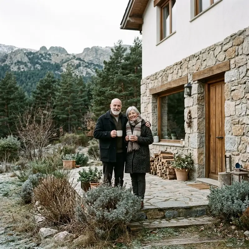 Matrimonio de unos sesenta años en el porche de su chalet con jardín en la sierra de Madrid