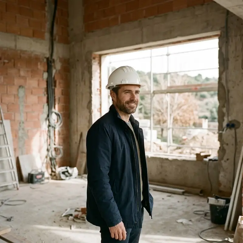 Hombre de unos cuarenta años con casco visitando su vivienda en construcción