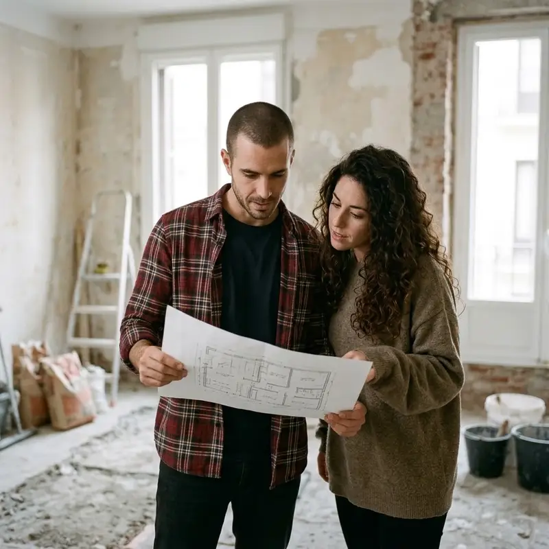 Pareja joven mirando planos en un piso en obras con el suelo levantado