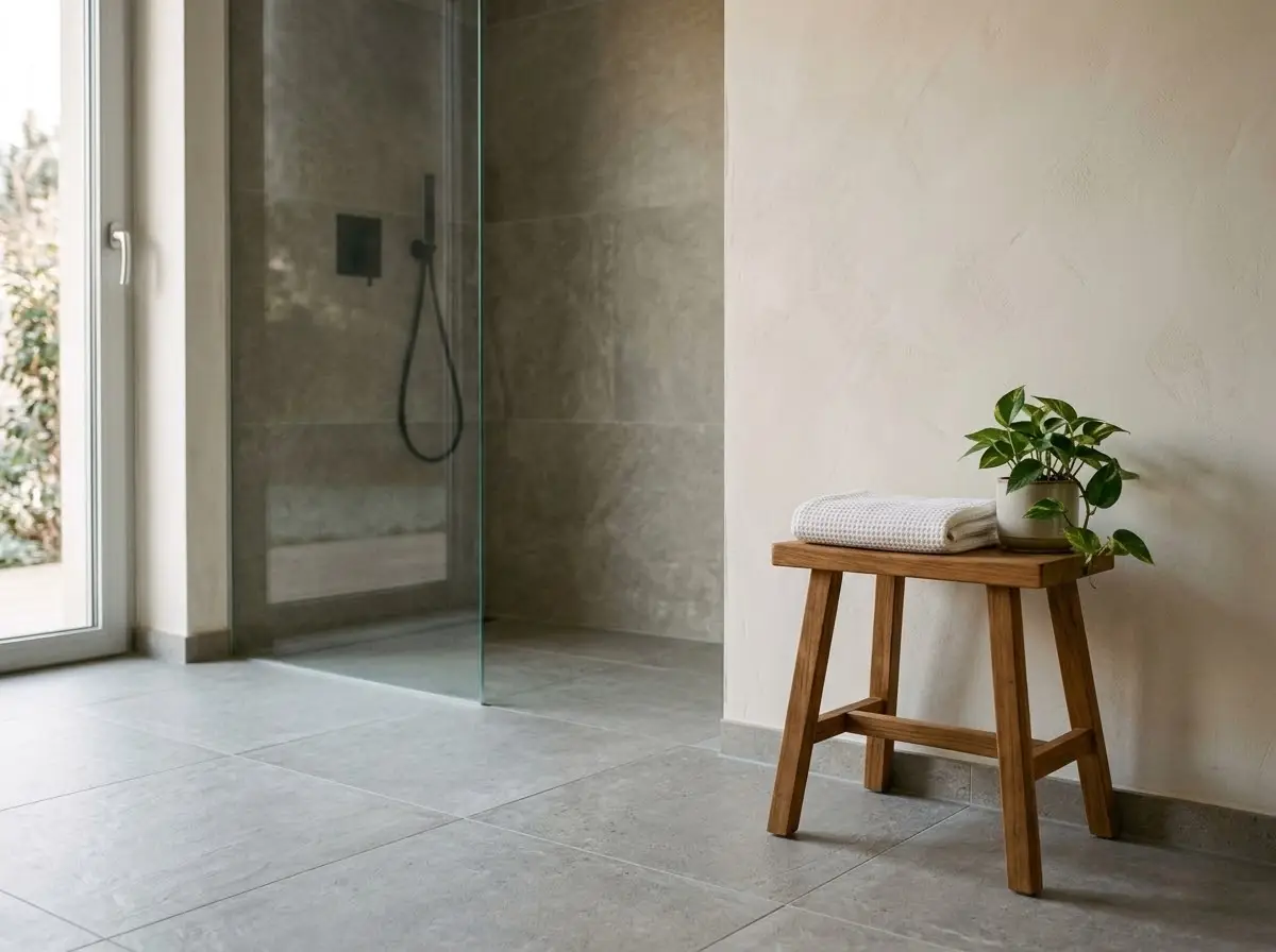 Baño reformado con suelo de baldosa grande y una toalla junto a la ducha