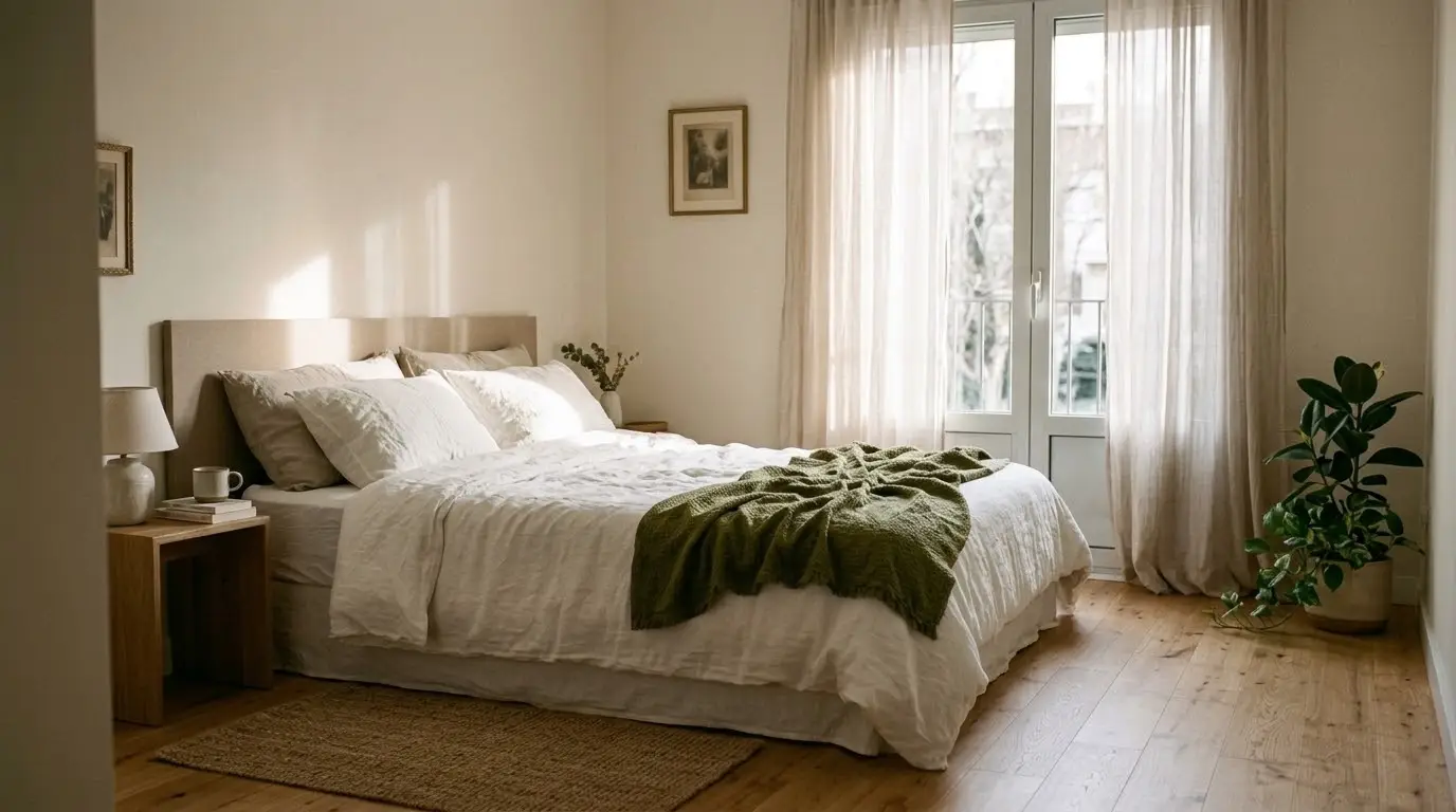 Dormitorio con tarima de madera clara y una alfombra pequeña, con luz de mañana de invierno