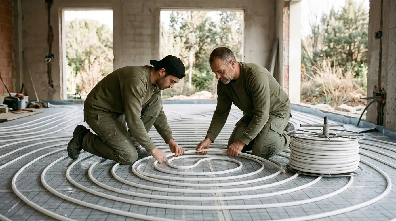 Dos instaladores extendiendo el tubo de suelo radiante sobre paneles aislantes en una casa en obra