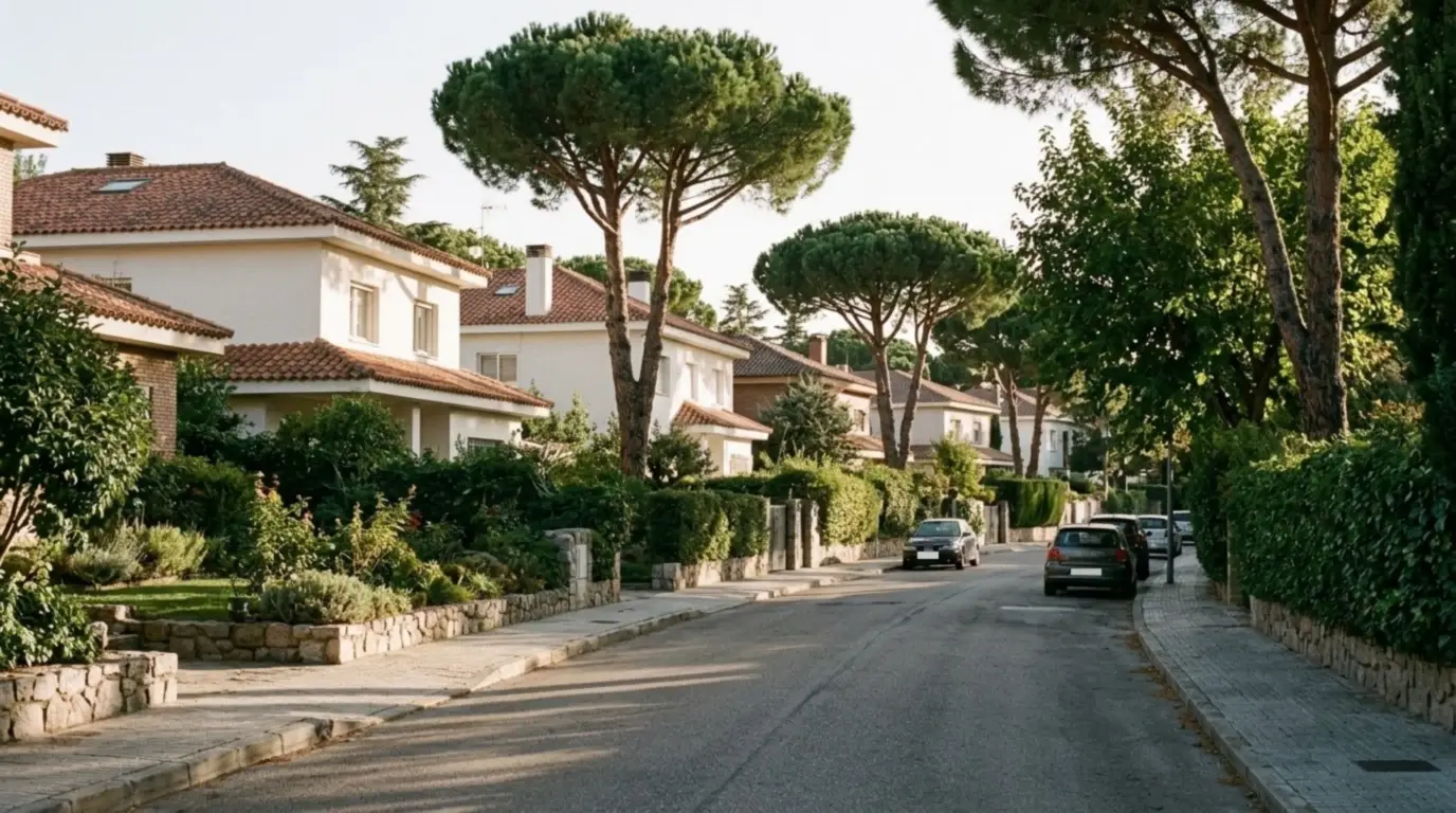 Calle de chalets con jardín y pinos en una urbanización del noroeste de Madrid