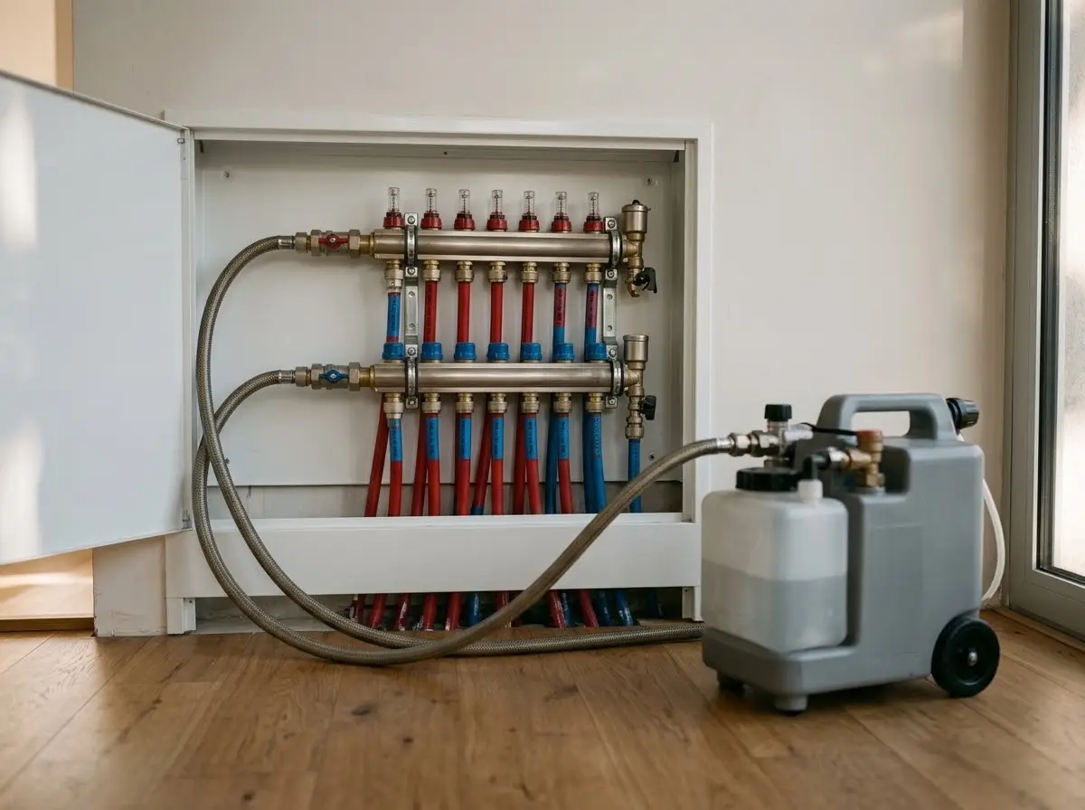 Colector de suelo radiante con sus caudalímetros y una máquina de limpieza conectada con mangueras