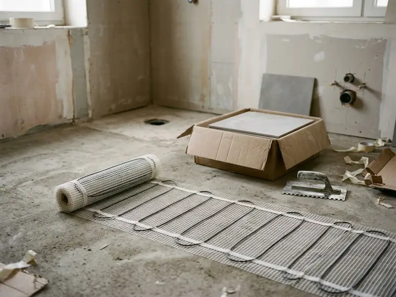 Malla de suelo radiante eléctrico extendida sobre el suelo de un baño antes de poner las baldosas
