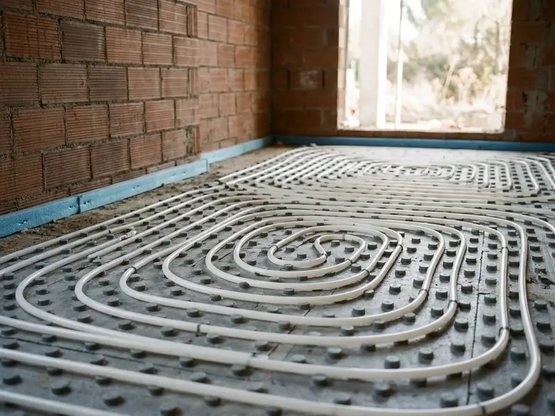 Tubo de suelo radiante extendido en espiral sobre paneles aislantes en una vivienda en obra