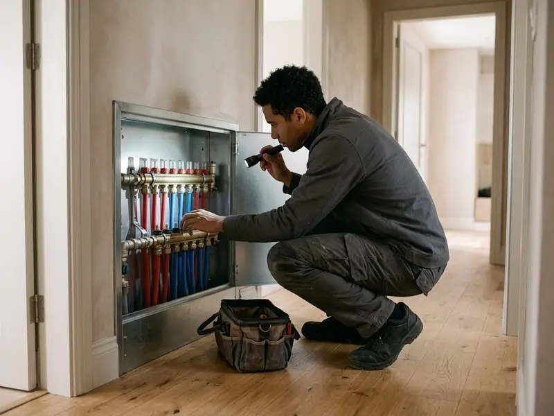 Técnico revisando el colector de suelo radiante dentro de su armario en el pasillo de una casa