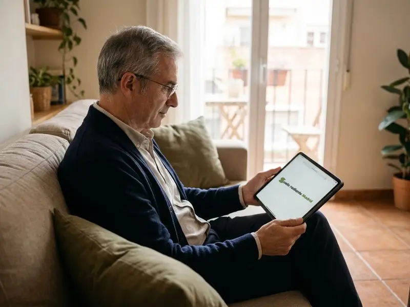 Hombre mirando en una tableta la web de Suelo radiante en Madrid en el salón de su casa