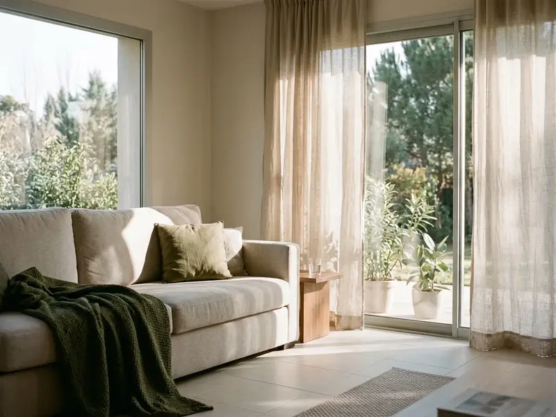 Salón luminoso en verano con las cortinas echadas y suelo de baldosa clara